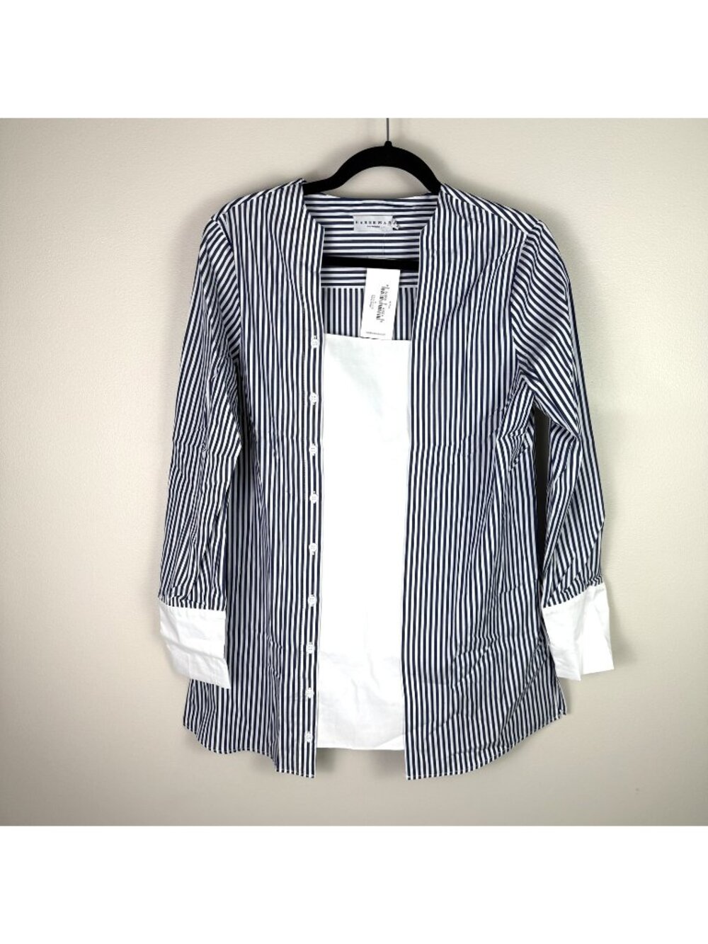 Harshman Janine Tunic Shirt Womens Medium Navy Stripe White Cotton Long Sleeve